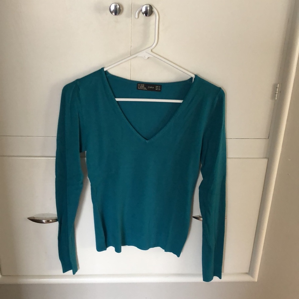 2/$25!‎ ⭐️ Zara Teal V-neck Sweater Long Sleeved - Picture 6 of 7